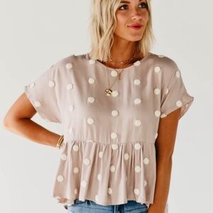 Taupe Polka Dot Button Back Blouse – Size M